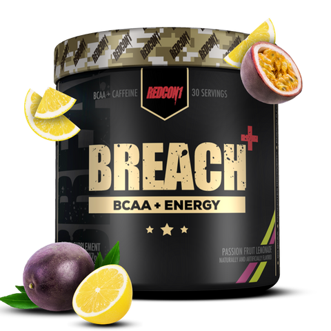 REDCON1's bcaa and energy powder supplement Breach in passion fruit lemonade flavor.