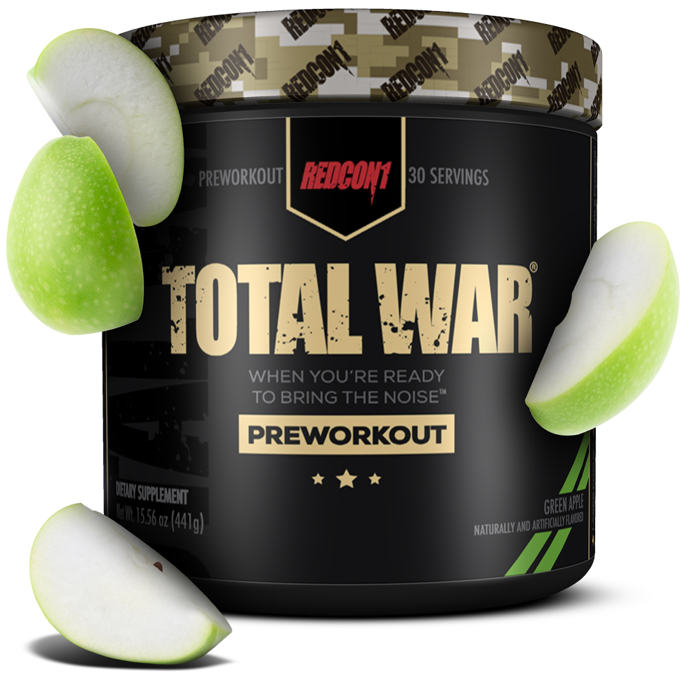 REDCON1's preworkout powder Total War in green apple flavor